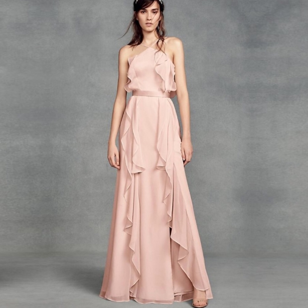 Vera Wang Blush Ruffle Maxi Evening Dress- Size 8